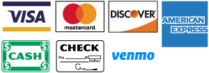 MasterCard, Discover, Visa, American Expresss, Cash, Check & Venmo